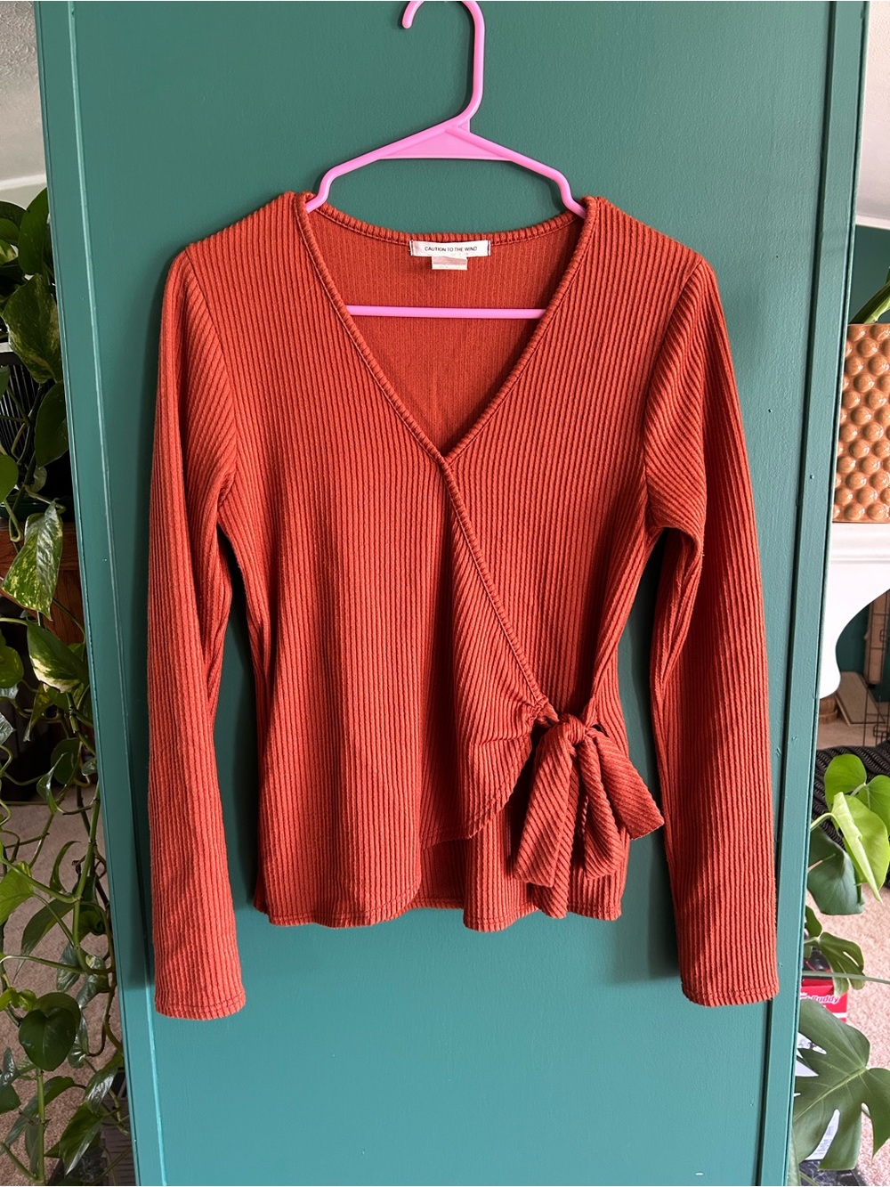 Caution to the Wind Wrap Ribbed Long-Sleeve Top - Rust
